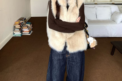 Stand Collar Plain Faux Fur Vest