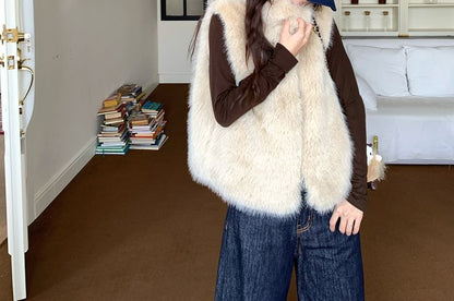 Stand Collar Plain Faux Fur Vest