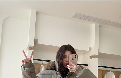 Furry Trim Hooded Zip-Up Puffer Jacket