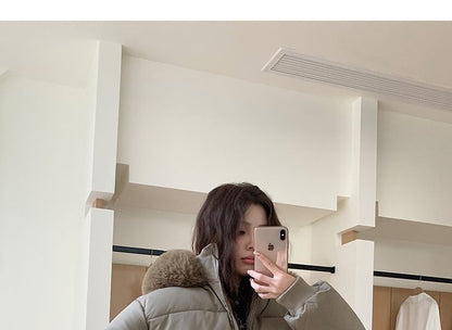 Furry Trim Hooded Zip-Up Puffer Jacket