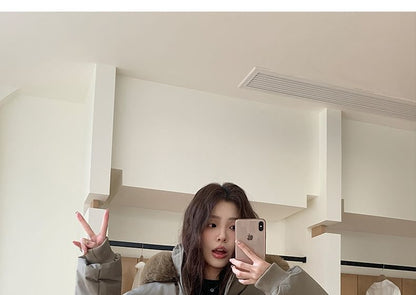 Furry Trim Hooded Zip-Up Puffer Jacket