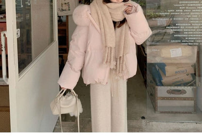 Furry Trim Hooded Zip-Up Puffer Jacket