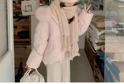 Furry Trim Hooded Zip-Up Puffer Jacket