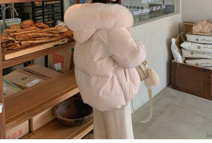 Furry Trim Hooded Zip-Up Puffer Jacket