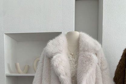 Lapel Collar Fluffy Button-Up Plain Jacket