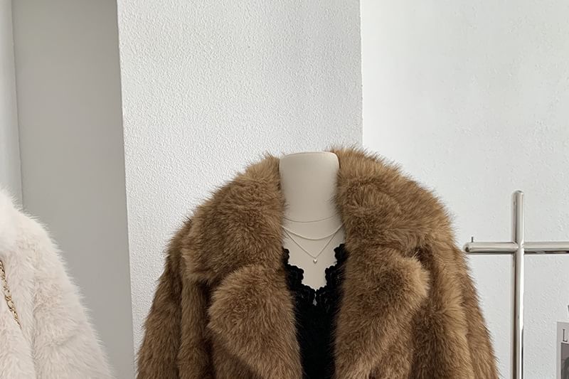 Lapel Collar Fluffy Button-Up Plain Jacket