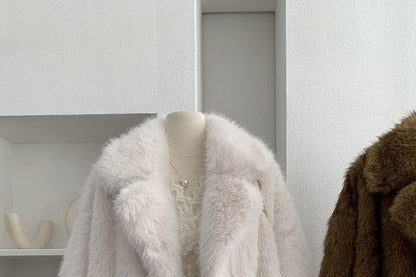 Lapel Collar Fluffy Button-Up Plain Jacket