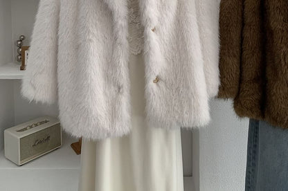Lapel Collar Fluffy Button-Up Plain Jacket