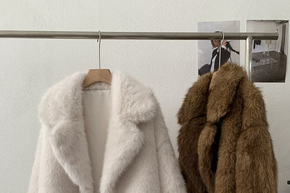 Lapel Collar Fluffy Button-Up Plain Jacket