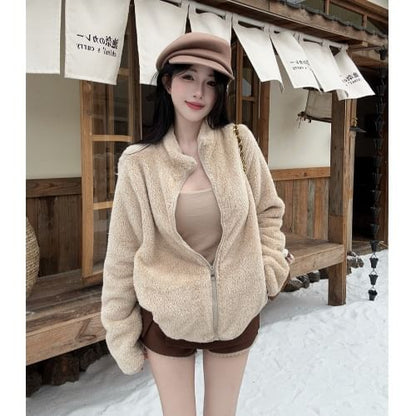 Stand Collar Fluffy Zip-Up Plain Jacket
