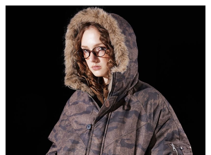 Camouflage Faux Fur-Trim Hooded Jacket