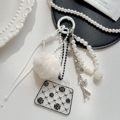 Floral Handbag Faux Fur Faux Pearl Bag Charm Keyring
