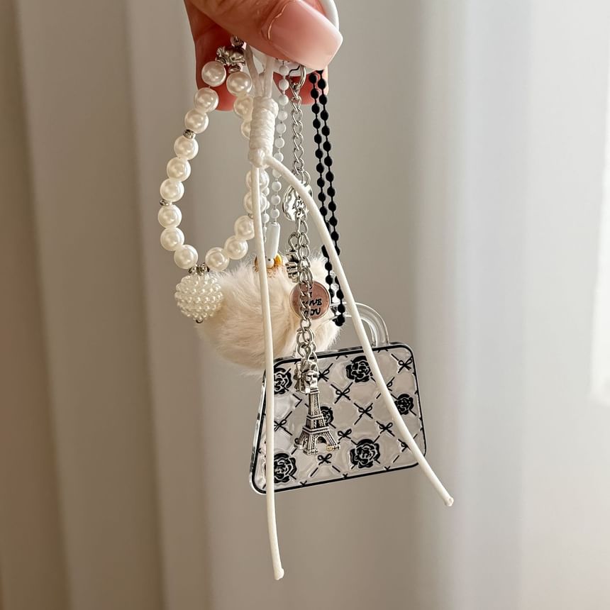 Floral Handbag Faux Fur Faux Pearl Bag Charm Keyring