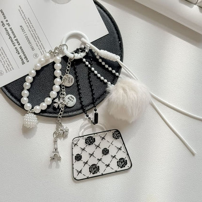 Floral Handbag Faux Fur Faux Pearl Bag Charm Keyring