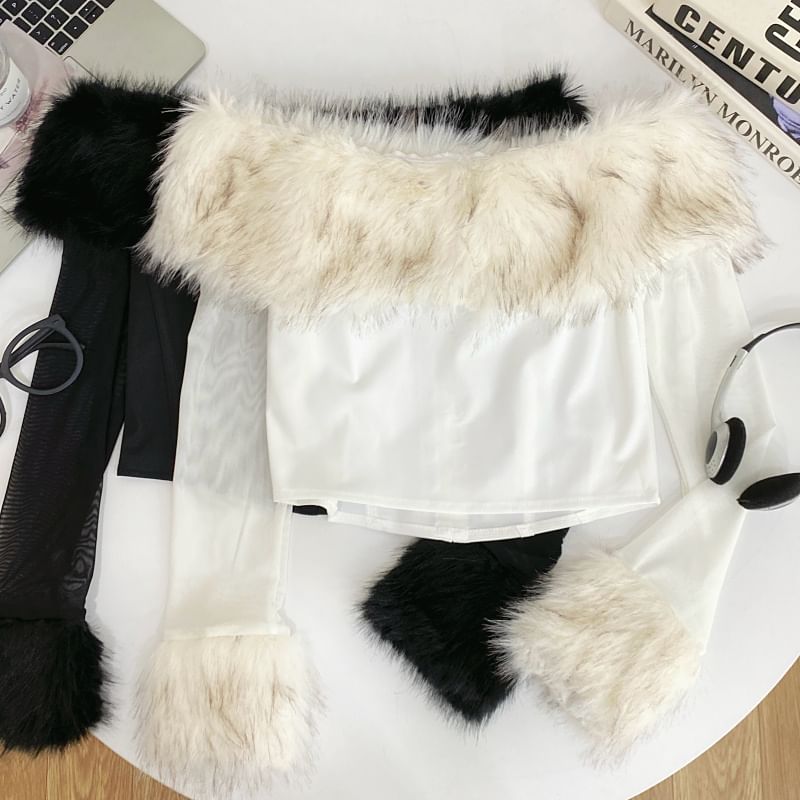 Long Sleeve Off Shoulder Hook And Eye Mesh Panel Faux Fur Crop Top