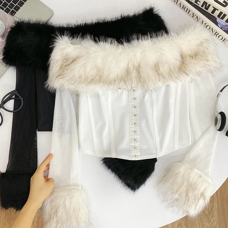 Long Sleeve Off Shoulder Hook And Eye Mesh Panel Faux Fur Crop Top