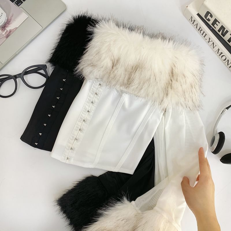 Long Sleeve Off Shoulder Hook And Eye Mesh Panel Faux Fur Crop Top