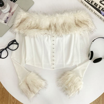 Long Sleeve Off Shoulder Hook And Eye Mesh Panel Faux Fur Crop Top
