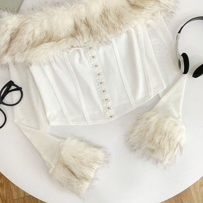 Long Sleeve Off Shoulder Hook And Eye Mesh Panel Faux Fur Crop Top