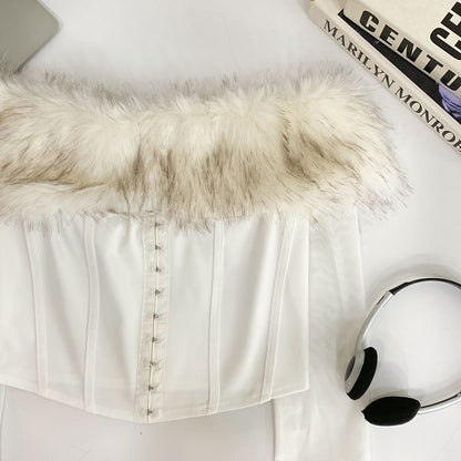 Long Sleeve Off Shoulder Hook And Eye Mesh Panel Faux Fur Crop Top