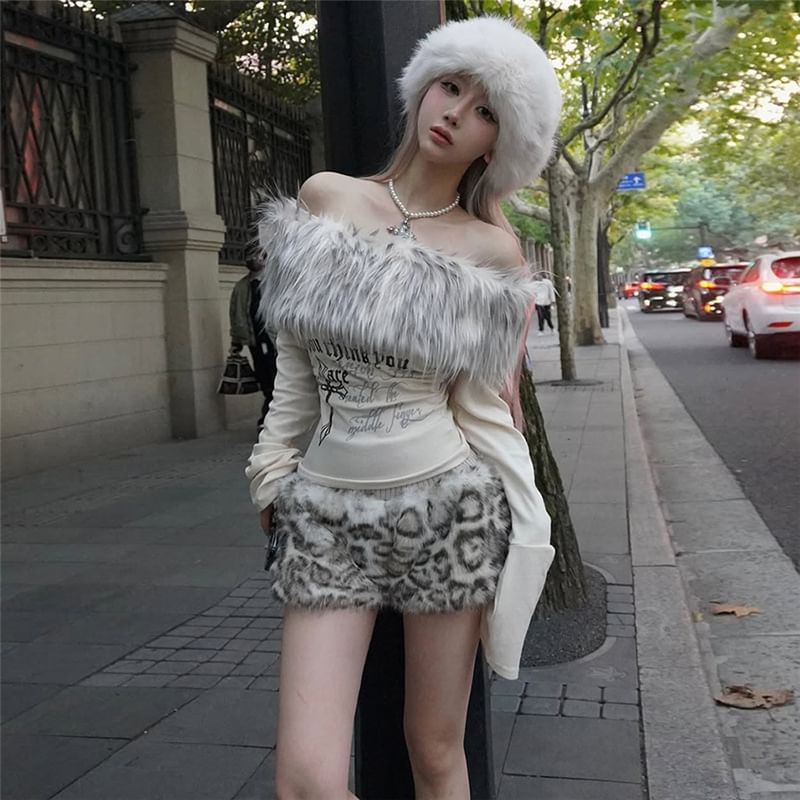 Long Sleeve Off Shoulder Faux Fur Panel Graphic Print Top / Low Waist Leopard Furry Shorts