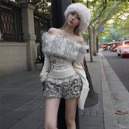 Long Sleeve Off Shoulder Faux Fur Panel Graphic Print Top / Low Waist Leopard Furry Shorts