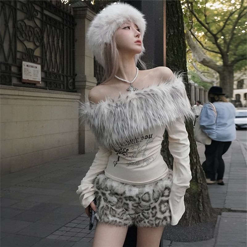 Long Sleeve Off Shoulder Faux Fur Panel Graphic Print Top / Low Waist Leopard Furry Shorts