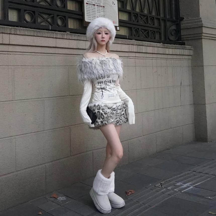 Long Sleeve Off Shoulder Faux Fur Panel Graphic Print Top / Low Waist Leopard Furry Shorts
