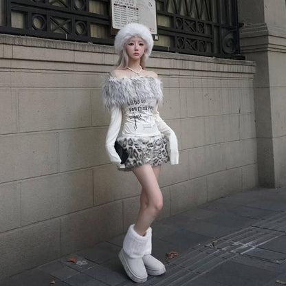Long Sleeve Off Shoulder Faux Fur Panel Graphic Print Top / Low Waist Leopard Furry Shorts