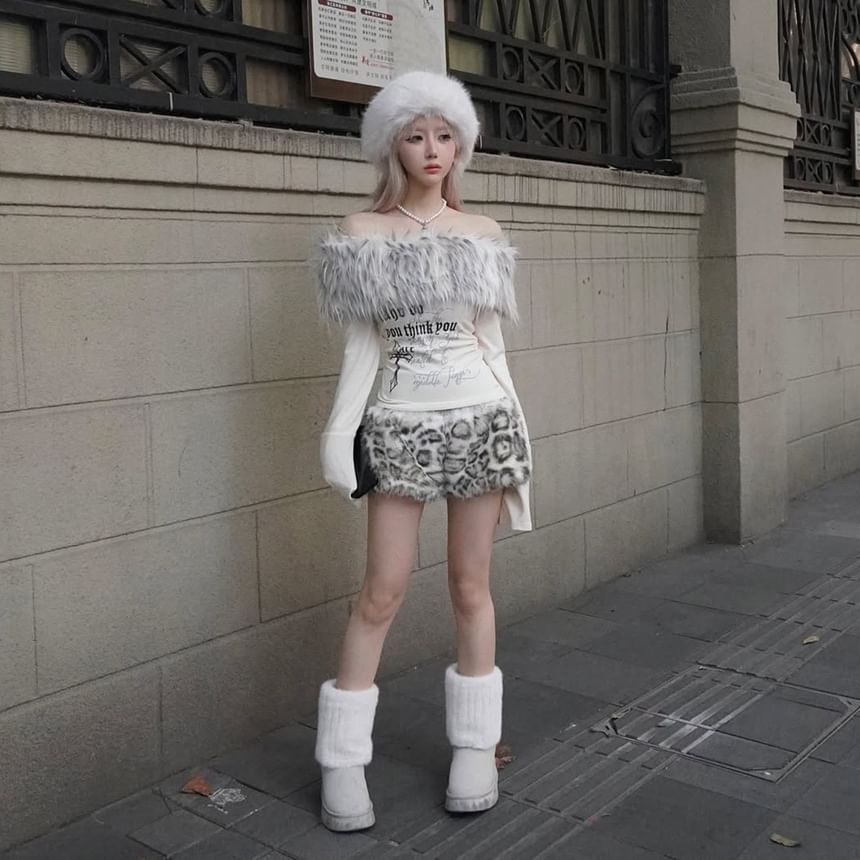 Long Sleeve Off Shoulder Faux Fur Panel Graphic Print Top / Low Waist Leopard Furry Shorts