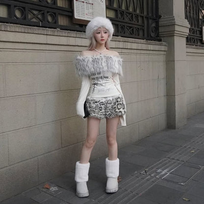 Long Sleeve Off Shoulder Faux Fur Panel Graphic Print Top / Low Waist Leopard Furry Shorts