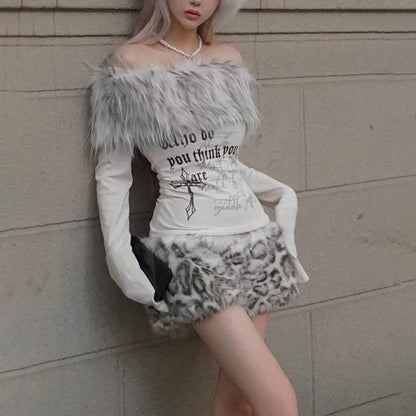 Long Sleeve Off Shoulder Faux Fur Panel Graphic Print Top / Low Waist Leopard Furry Shorts