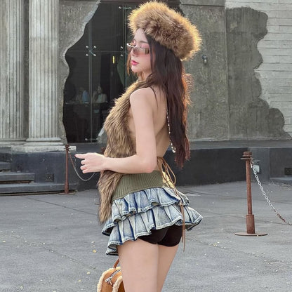 Plunge Neckline Faux Fur Vest