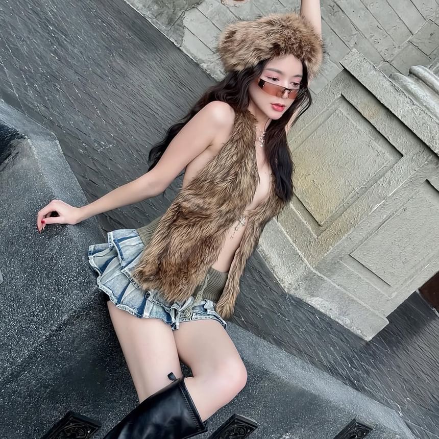 Plunge Neckline Faux Fur Vest