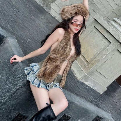 Plunge Neckline Faux Fur Vest
