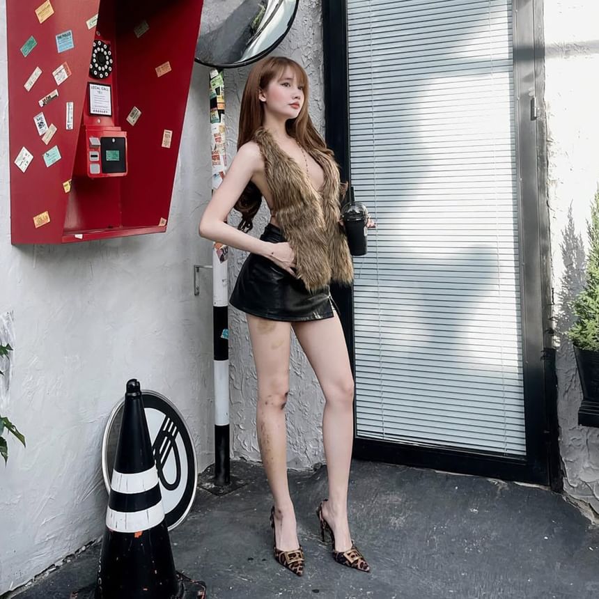 Plunge Neckline Faux Fur Vest