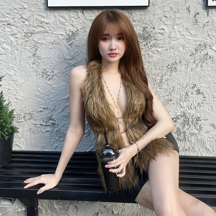 Plunge Neckline Faux Fur Vest