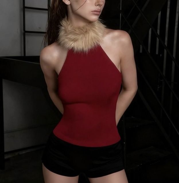 Halter Neck Faux Fur Panel Plain Slim-Fit Tank Top
