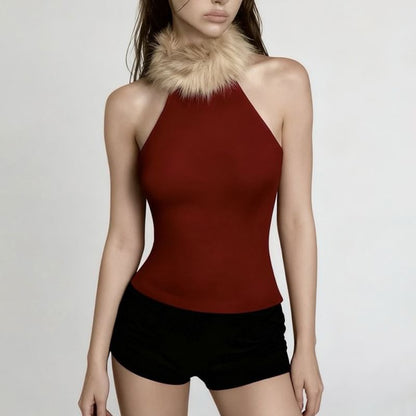 Halter Neck Faux Fur Panel Plain Slim-Fit Tank Top