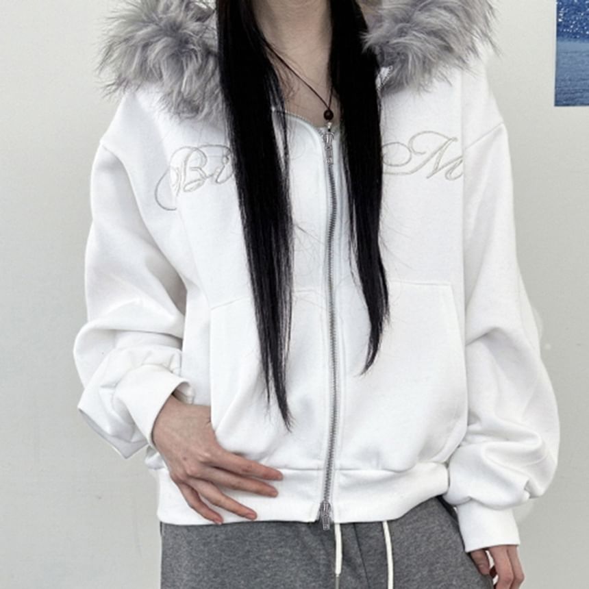 Fluffy Hooded Lettering Embroidered Zip Jacket