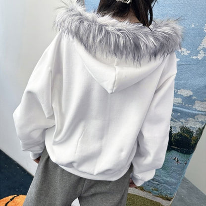 Fluffy Hooded Lettering Embroidered Zip Jacket