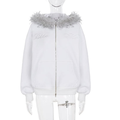 Fluffy Hooded Lettering Embroidered Zip Jacket