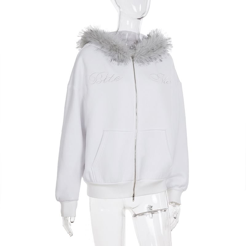 Fluffy Hooded Lettering Embroidered Zip Jacket