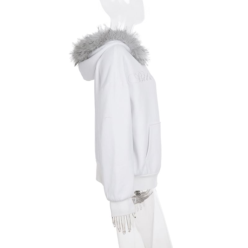 Fluffy Hooded Lettering Embroidered Zip Jacket