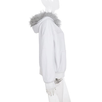 Fluffy Hooded Lettering Embroidered Zip Jacket