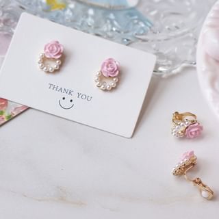 Faux Pearl Earring Floral Alloy Stud
