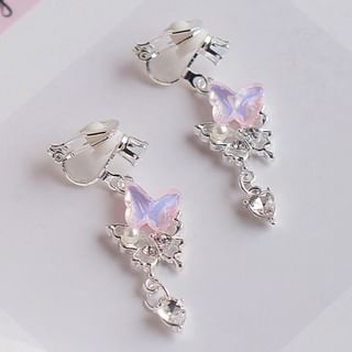 Clip-On Drop Faux Rhinestone Pearl Earring Butterfly /