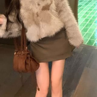 Collared Faux Fur Jacket / High Rise Belted Mini Skirt
