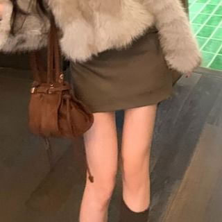 Collared Plain Fluffy Jacket / High Waist Belted Mini Pencil Skirt