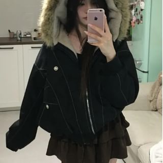 Faux Fur Hooded Zip-Up Padded Jacket